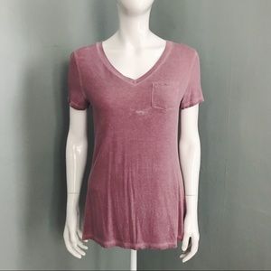 Vintage-Wash Pocket V-Neck Tee in Mauve | Size S